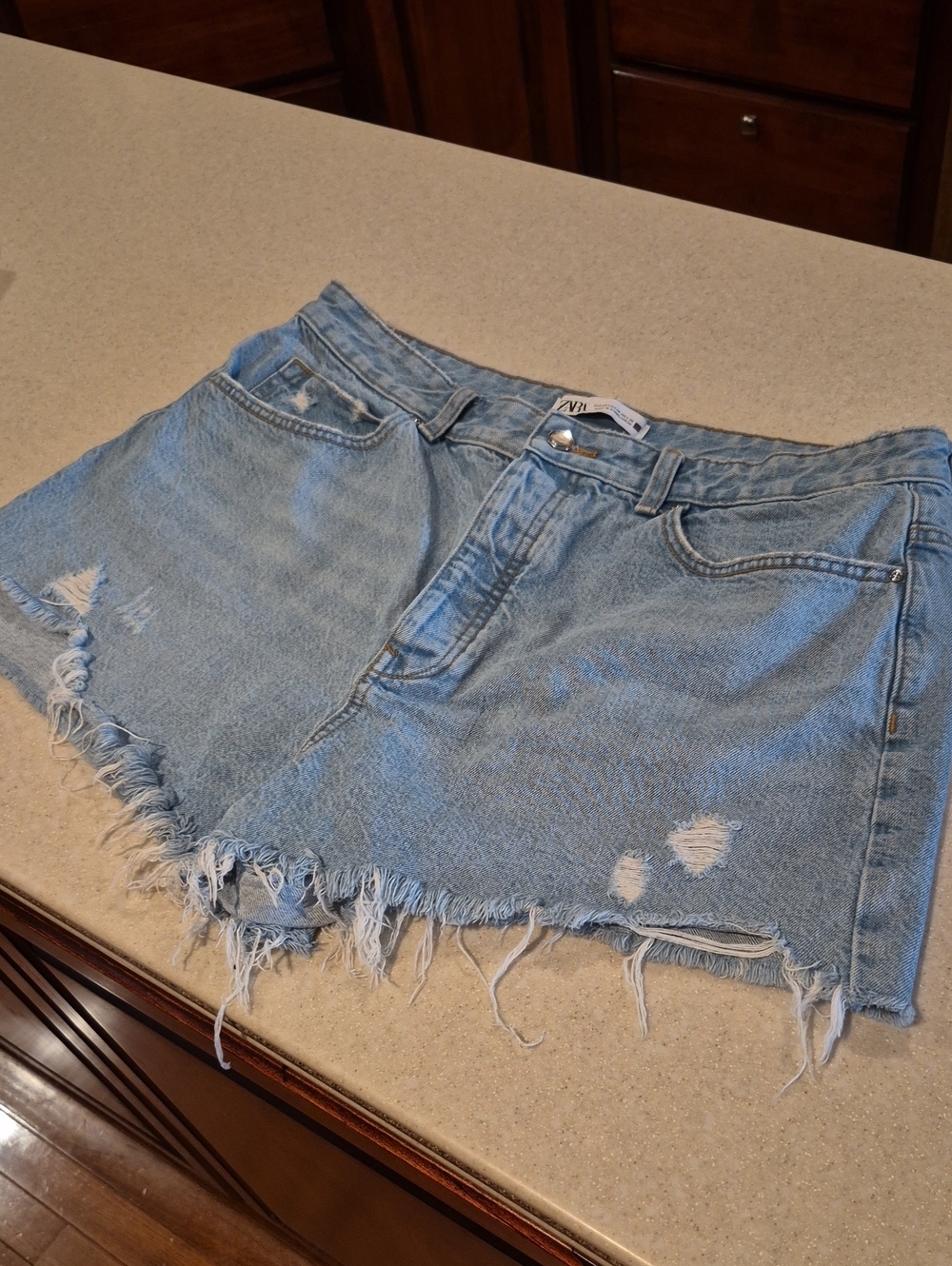 Zara Light Blue Distressed Denim Jean Shorts